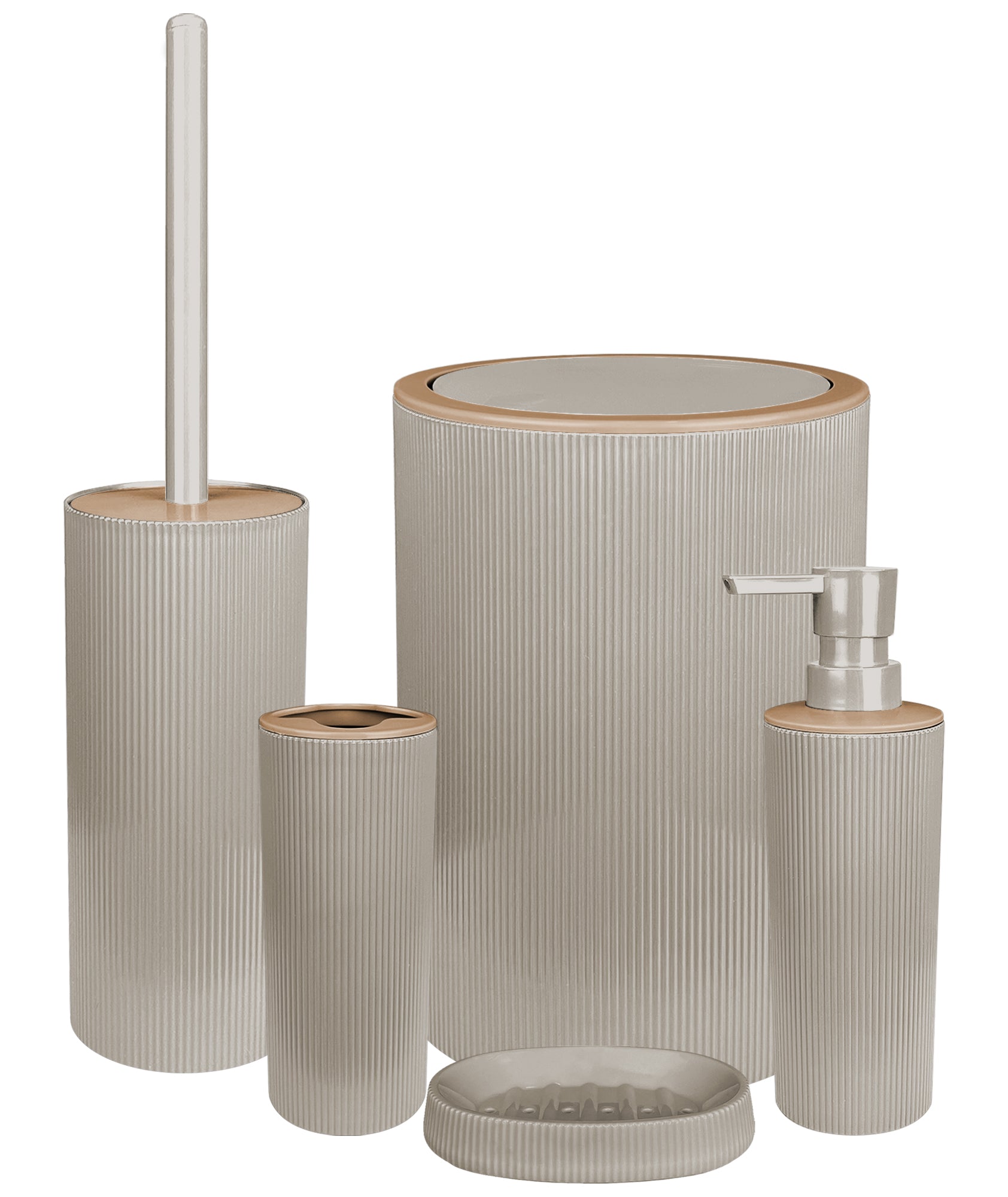 Set Completo Accessori Bagno 5 Pezzi Design Moderno In Plastica Incluso Cestino Pattumiera,Dispenser Sapone Portascopino Con Scopino Incluso ,PortaSaponetta,Porta Spazzolini - Beige