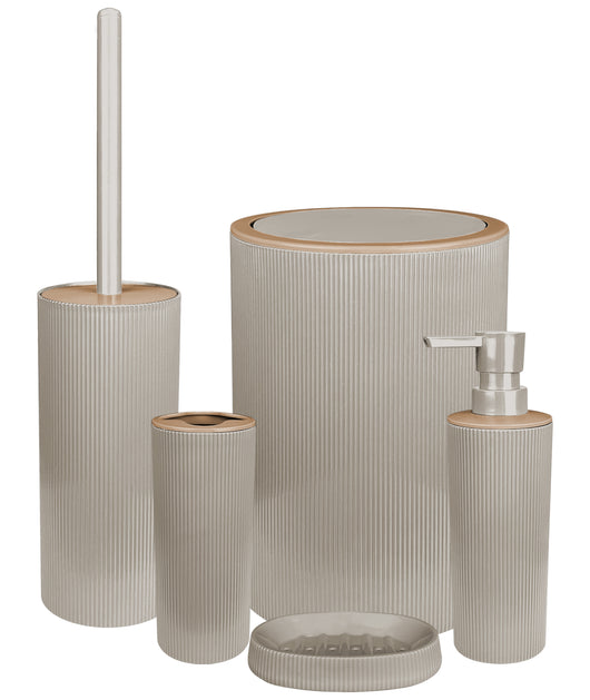 Set Completo Accessori Bagno 5 Pezzi Design Moderno In Plastica Incluso Cestino Pattumiera,Dispenser Sapone Portascopino Con Scopino Incluso ,PortaSaponetta,Porta Spazzolini - Beige