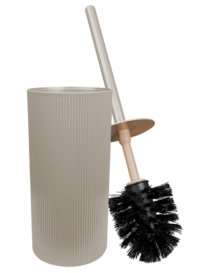 Set Completo Accessori Bagno 5 Pezzi Design Moderno In Plastica Incluso Cestino Pattumiera,Dispenser Sapone Portascopino Con Scopino Incluso ,PortaSaponetta,Porta Spazzolini - Beige