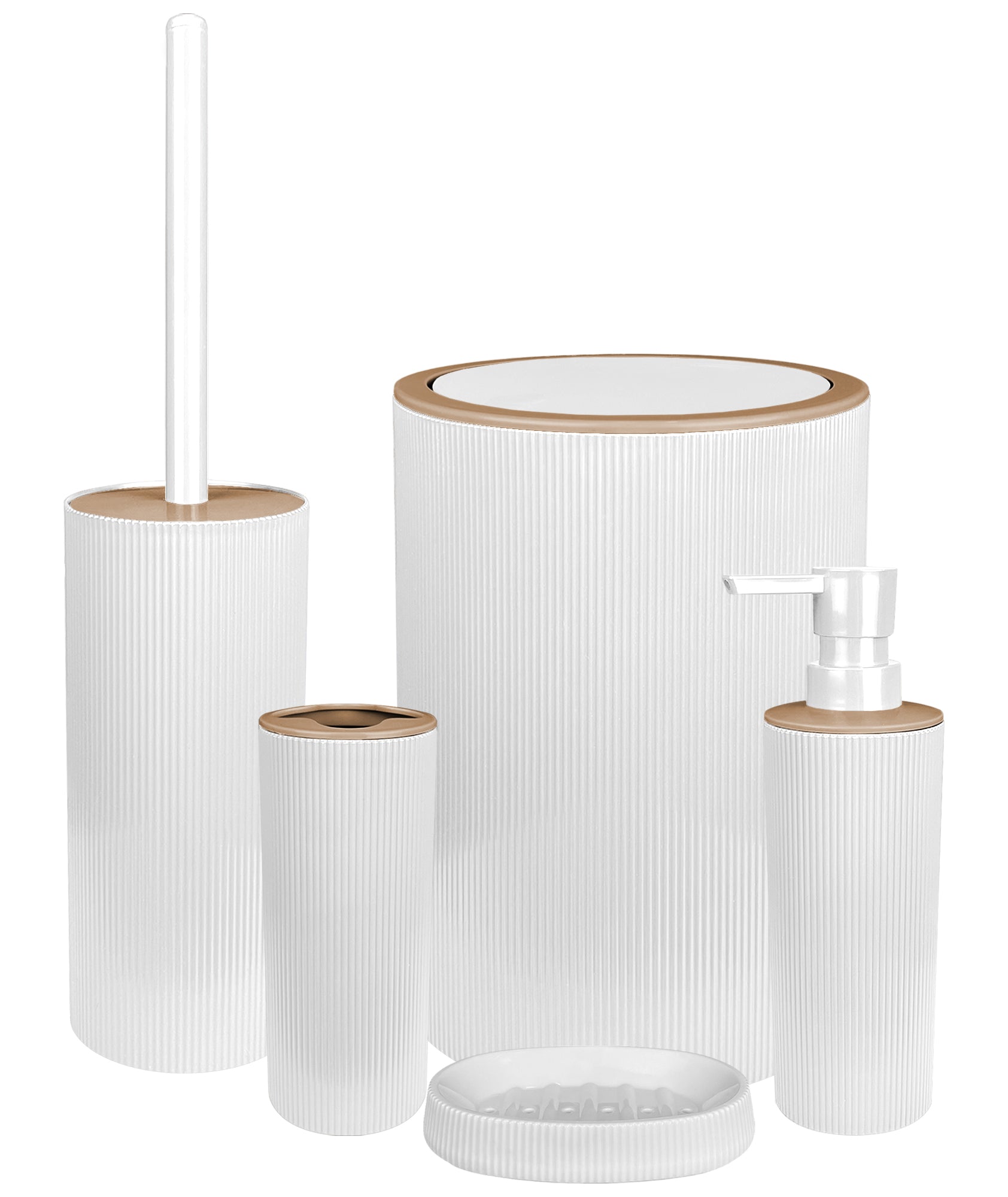 Set Completo Accessori Bagno 5 Pezzi Design Moderno In Plastica Incluso Cestino Pattumiera,Dispenser Sapone Portascopino Con Scopino Incluso ,PortaSaponetta,Porta Spazzolini - Bianco