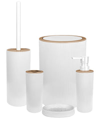 Set Completo Accessori Bagno 5 Pezzi Design Moderno In Plastica Incluso Cestino Pattumiera,Dispenser Sapone Portascopino Con Scopino Incluso ,PortaSaponetta,Porta Spazzolini - Bianco