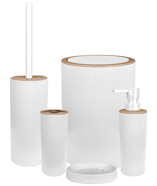 Set Completo Accessori Bagno 5 Pezzi Design Moderno In Plastica Incluso Cestino Pattumiera,Dispenser Sapone Portascopino Con Scopino Incluso ,PortaSaponetta,Porta Spazzolini - Bianco