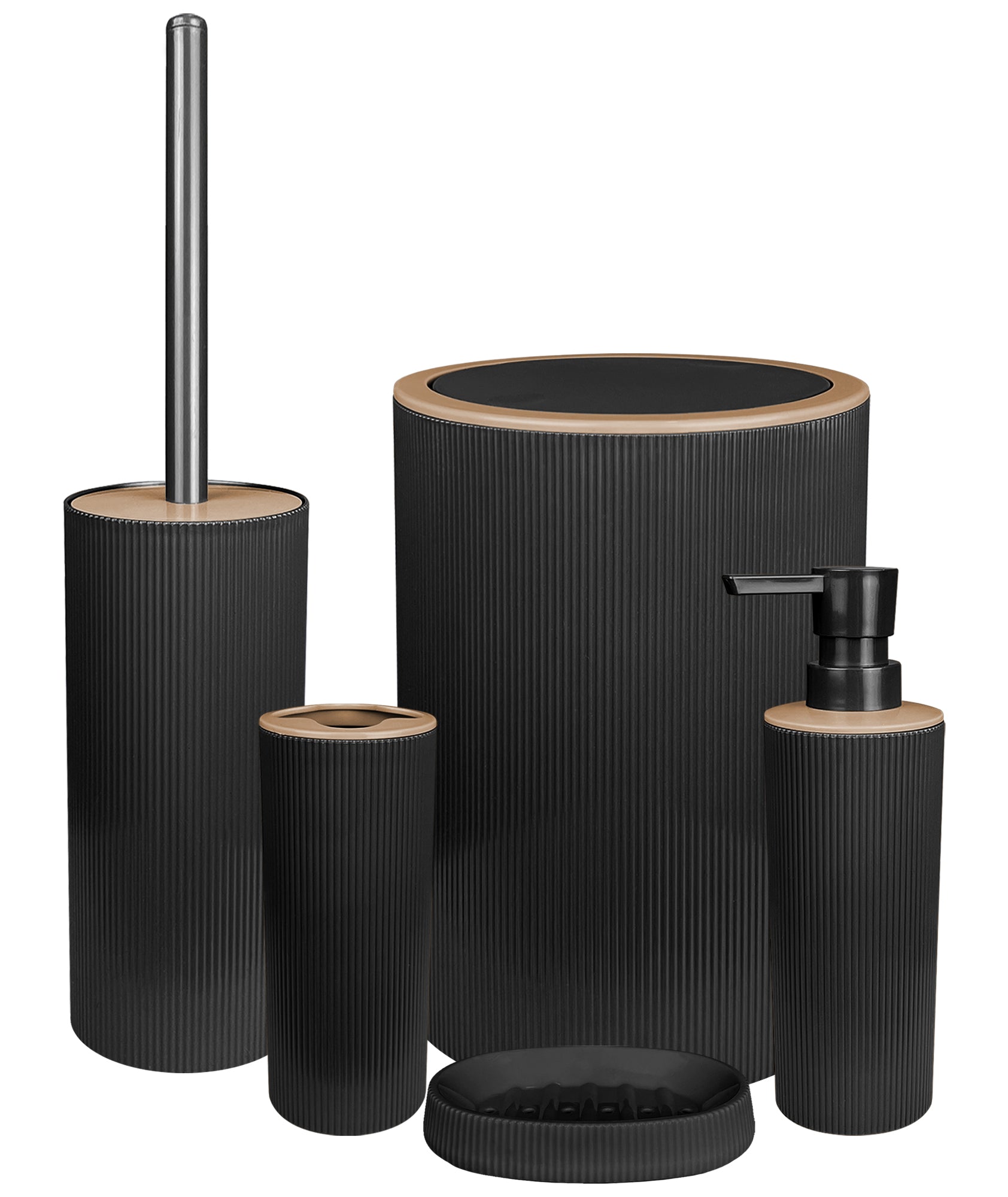 Set Completo Accessori Bagno 5 Pezzi Design Moderno In Plastica Incluso Cestino Pattumiera,Dispenser Sapone Portascopino Con Scopino Incluso ,PortaSaponetta,Porta Spazzolini - Nero
