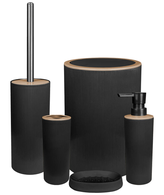 Set Completo Accessori Bagno 5 Pezzi Design Moderno In Plastica Incluso Cestino Pattumiera,Dispenser Sapone Portascopino Con Scopino Incluso ,PortaSaponetta,Porta Spazzolini - Nero