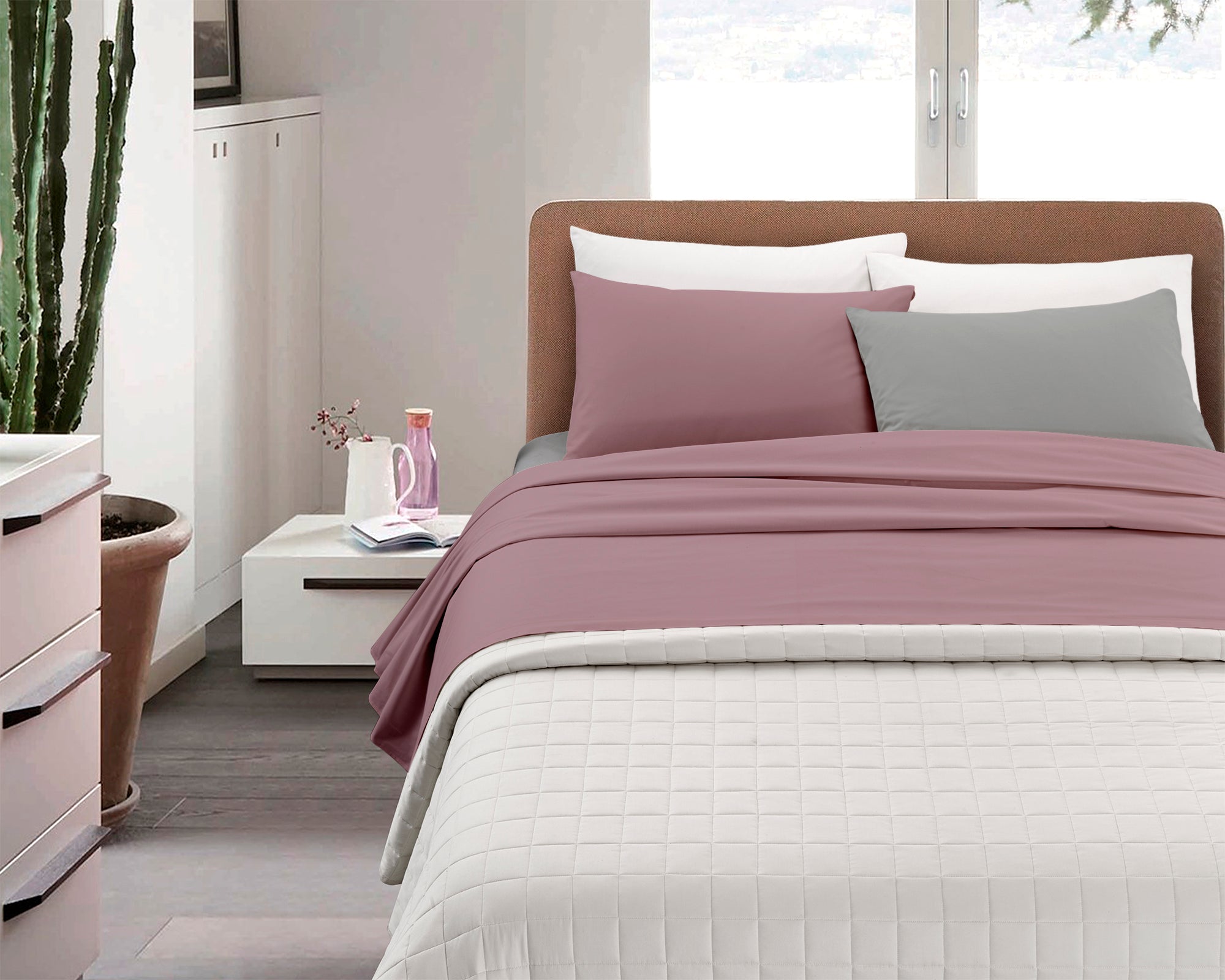 Completo Lenzuola Invernali Felpate In Calda Flanella Bicolore Set Biancheria Da Letto Anti Pilling Lenzuolo Sopra,Sotto Con Angoli Elasticizzati E Federe Prodotto Certificato Rosa-grigio - Matrimoniale