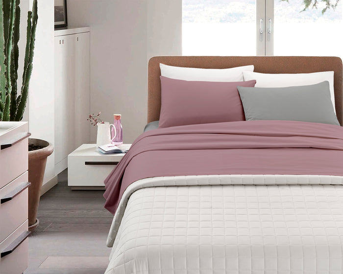 Completo Lenzuola Invernali Felpate In Calda Flanella Bicolore Set Biancheria Da Letto Anti Pilling Lenzuolo Sopra,Sotto Con Angoli Elasticizzati E Federe Prodotto Certificato Rosa-grigio - Matrimoniale