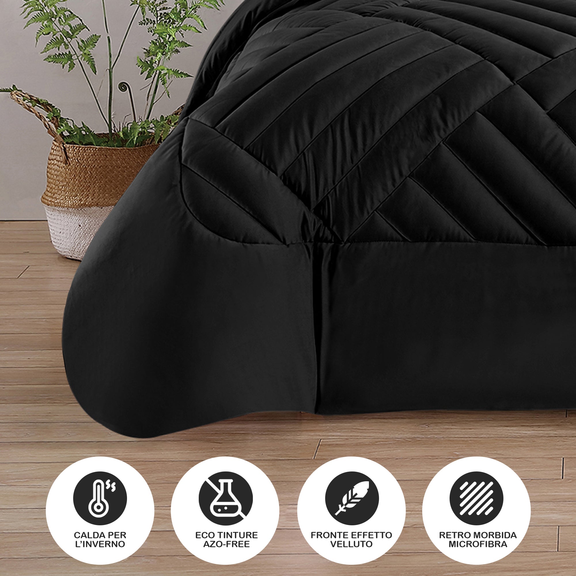 Trapunta Elegante Matrimoniale In Velluto Piumone Invernale Effetto Piuma 580 Gr/Mq Piumino Caldo Due Piazze Inverno Coperta Duck Friendly Nero - Matrimoniale