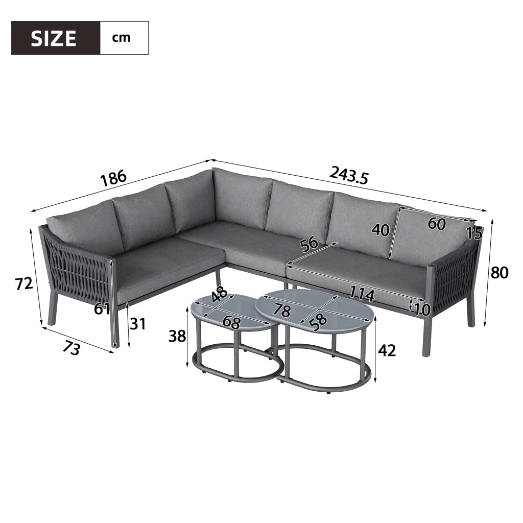 Set da Giardino 6 Posti con Tavolino, Divano e Tavolo in Vetro ¨C MINIMAL ¨C Acciaio, Corda Intrecciata, Grigio