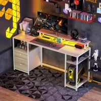 Scrivania per computer, con luci LED regolabili, 2 prese, porte USB, cassetti e ripiani 155,5x48x88,5cm Legno naturale