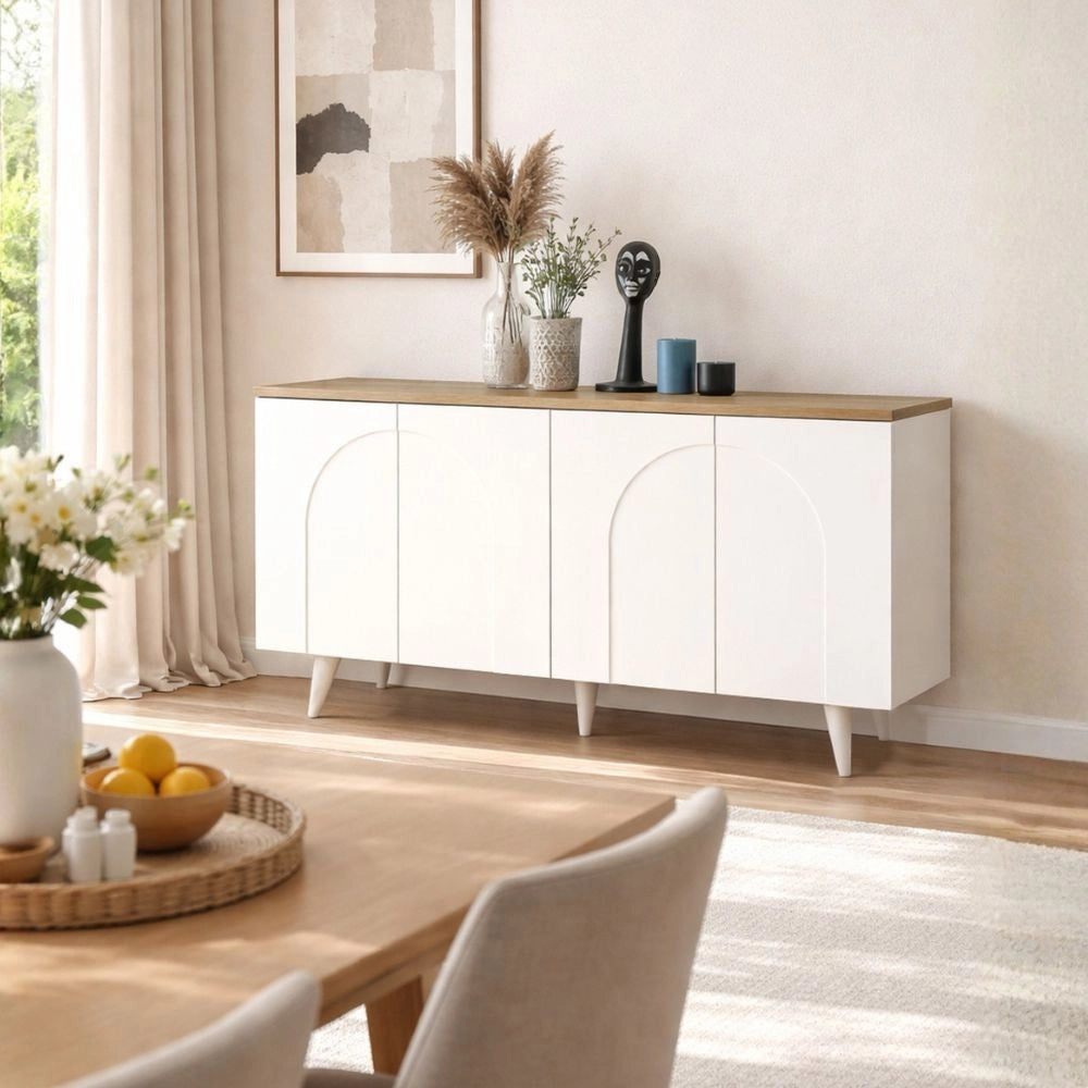 Madia Bono Bianca con 4 Ante ad Arco e Piano Rovere 150 cm