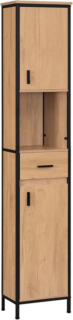 Mobile da Bagno Alto Con 2 Ante e 1 Cassetto, Piedini Regolabili e Ripiani, Per Bagno o Cucina, Stretto 30x30x180 cm, Rovere Chiaro+Nero