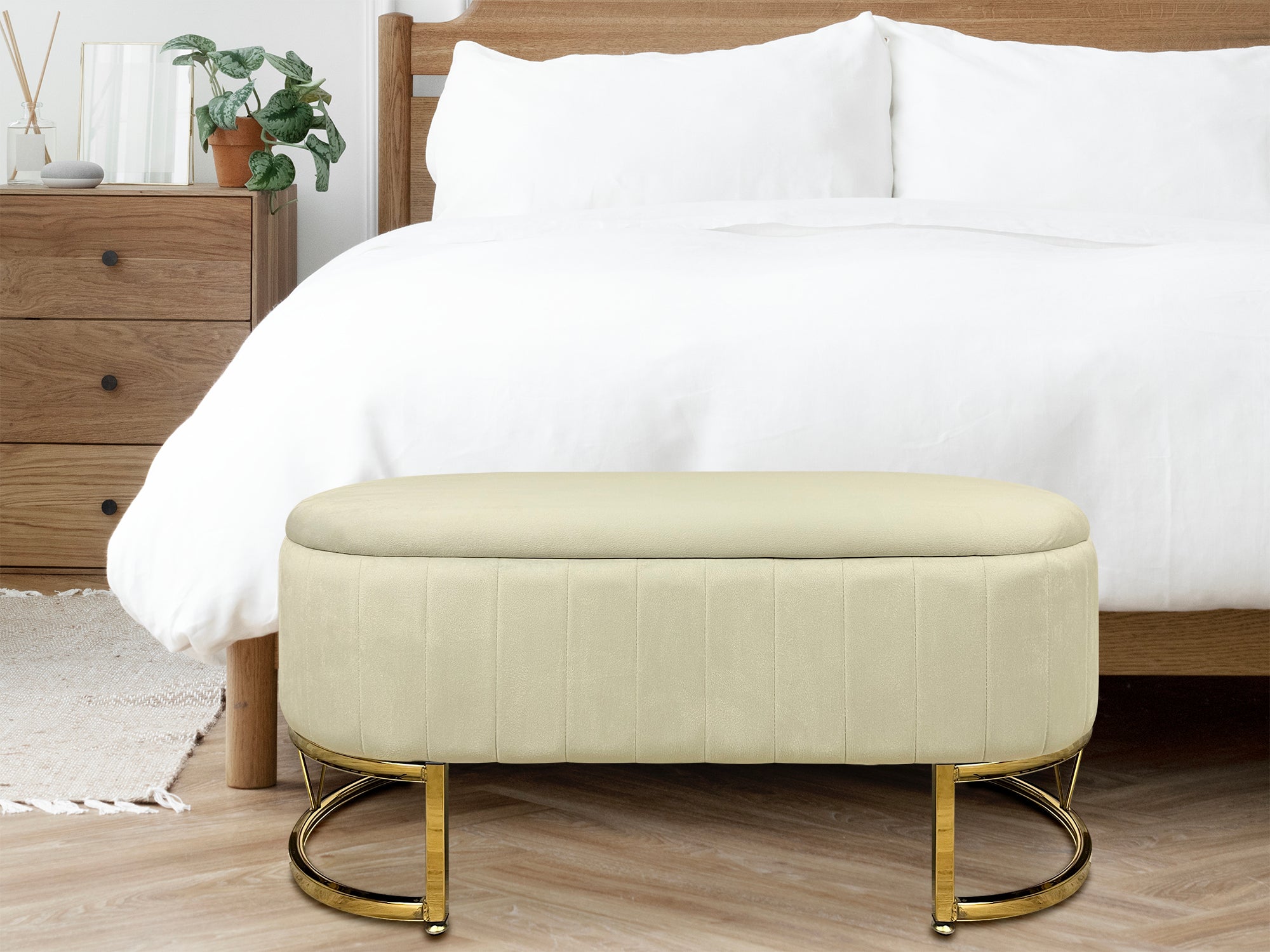 Panca Imbottita Divanetto In Velluto Contenitore Pouf PortaOggetti Panca Sgabello A Pie Di Letto Con Gambe In Metallo Dorato Cassapanca Ingresso Legno Massello Panchina  - Beige