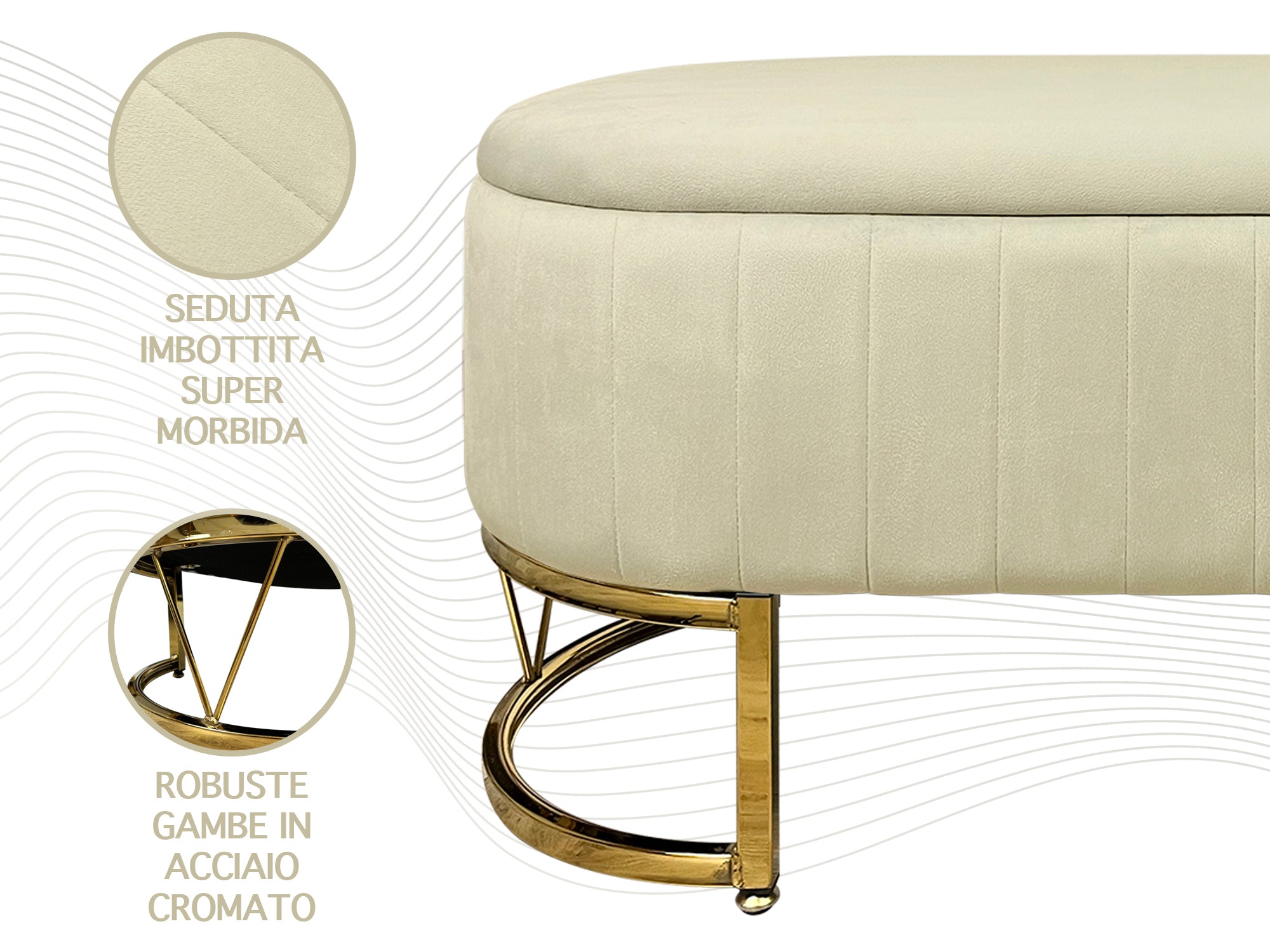 Panca Imbottita Divanetto In Velluto Contenitore Pouf PortaOggetti Panca Sgabello A Pie Di Letto Con Gambe In Metallo Dorato Cassapanca Ingresso Legno Massello Panchina  - Beige
