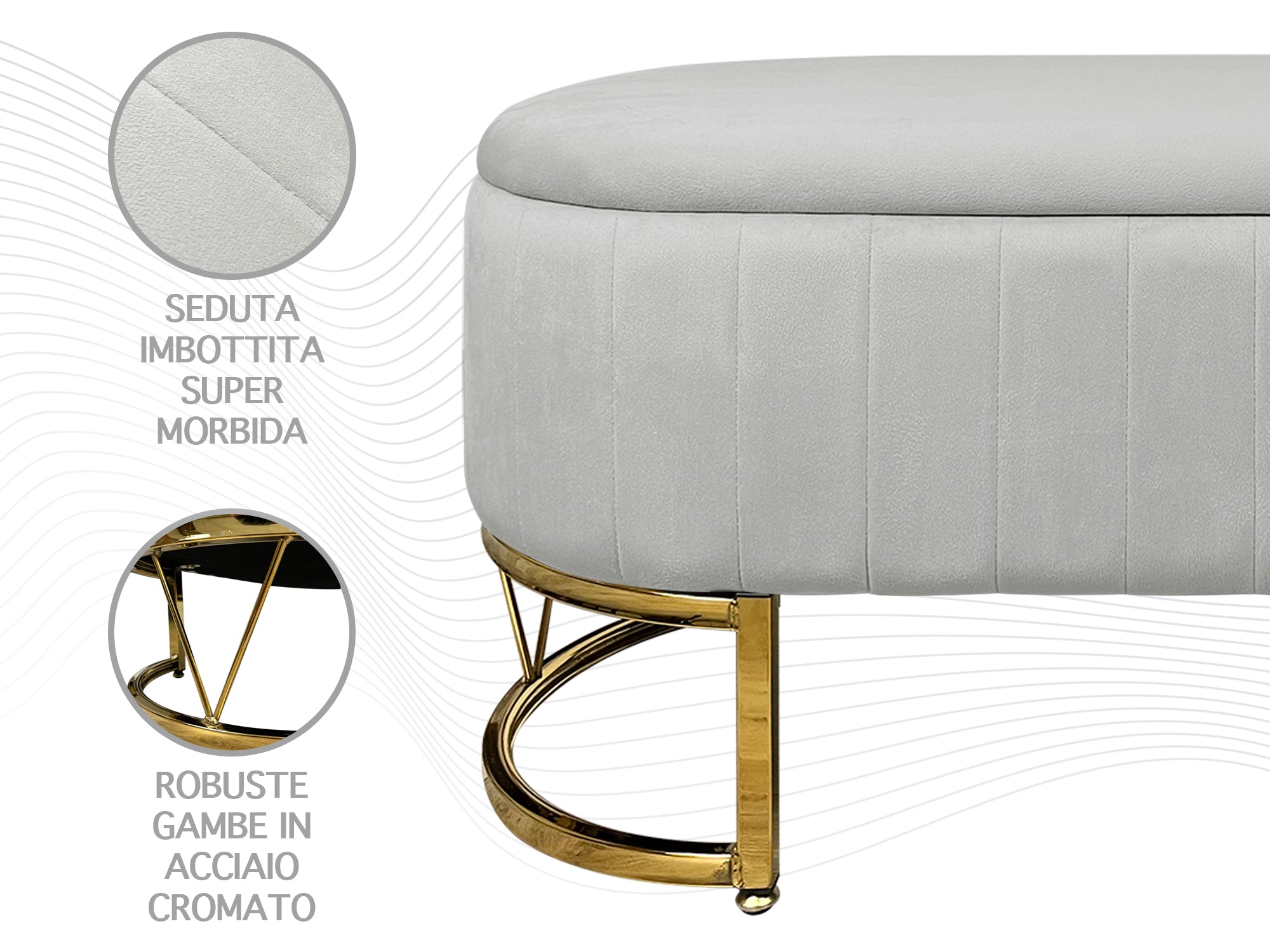 Panca Imbottita Divanetto In Velluto Contenitore Pouf PortaOggetti Panca Sgabello A Pie Di Letto Con Gambe In Metallo Dorato Cassapanca Ingresso Legno Massello Panchina  - Grigio Chiaro