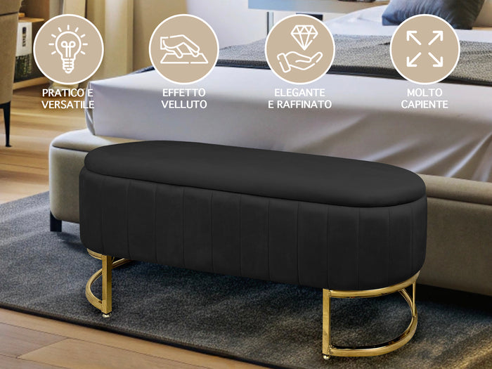 Panca Imbottita Divanetto In Velluto Contenitore Pouf PortaOggetti Panca Sgabello A Pie Di Letto Con Gambe In Metallo Dorato Cassapanca Ingresso Legno Massello Panchina  - Nero