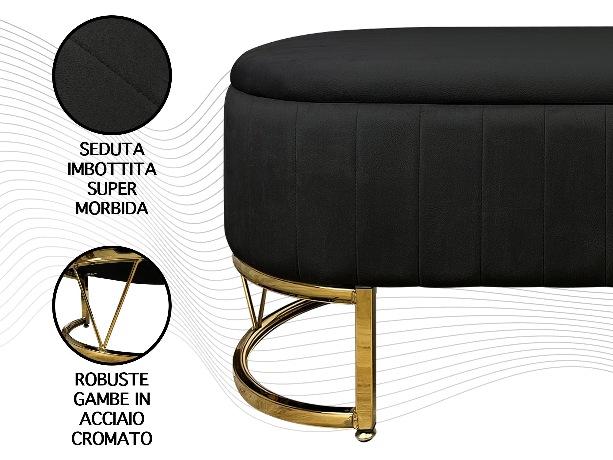 Panca Imbottita Divanetto In Velluto Contenitore Pouf PortaOggetti Panca Sgabello A Pie Di Letto Con Gambe In Metallo Dorato Cassapanca Ingresso Legno Massello Panchina  - Nero