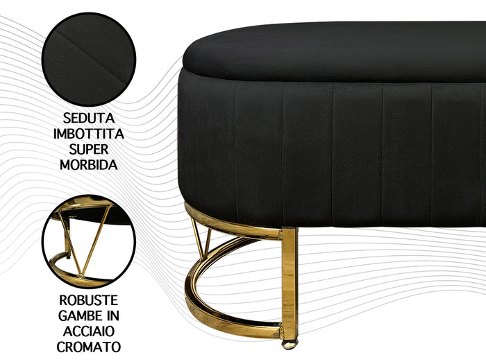 Panca Imbottita Divanetto In Velluto Contenitore Pouf PortaOggetti Panca Sgabello A Pie Di Letto Con Gambe In Metallo Dorato Cassapanca Ingresso Legno Massello Panchina  - Nero