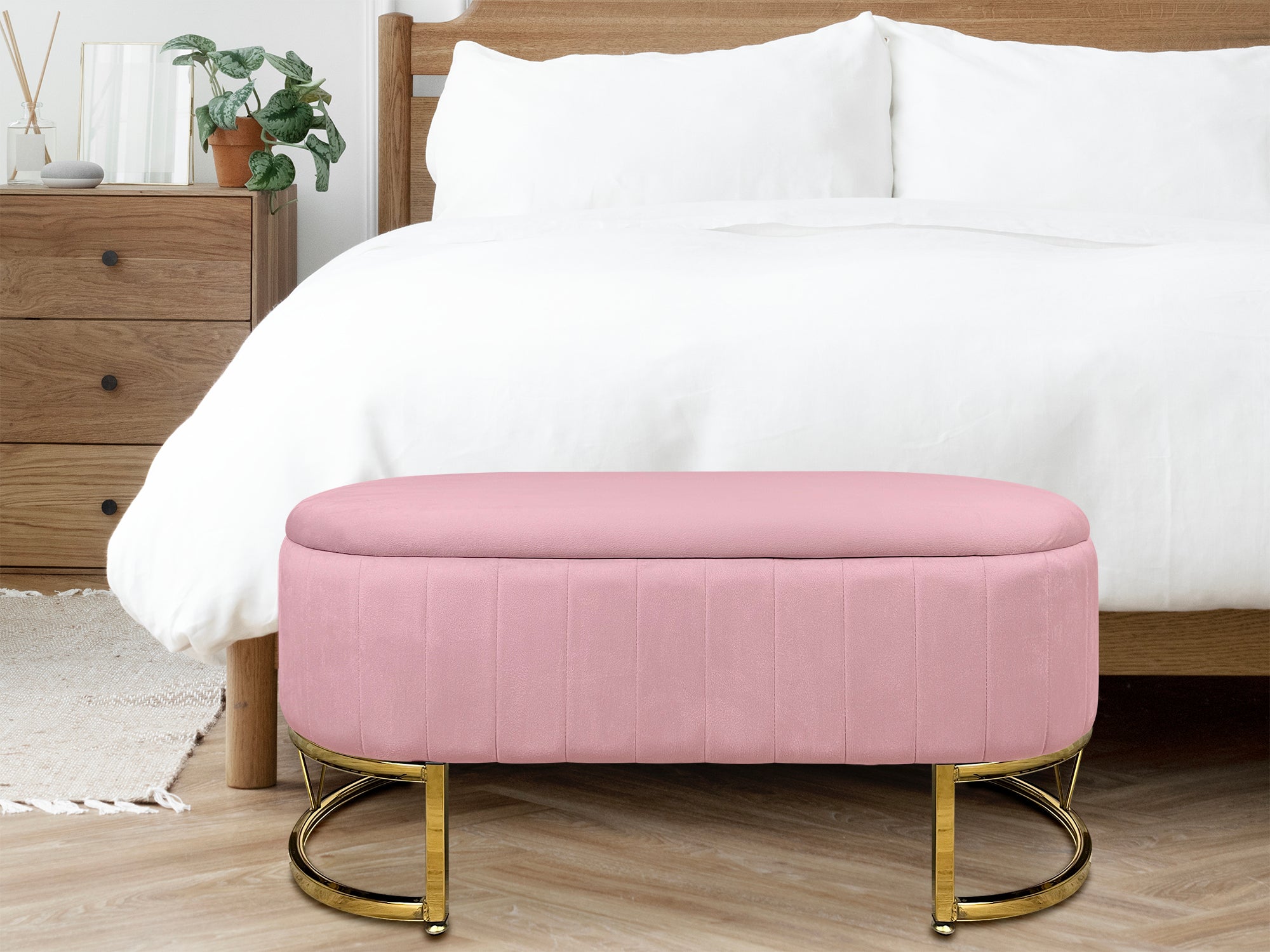 Panca Imbottita Divanetto In Velluto Contenitore Pouf PortaOggetti Panca Sgabello A Pie Di Letto Con Gambe In Metallo Dorato Cassapanca Ingresso Legno Massello Panchina  - Rosa
