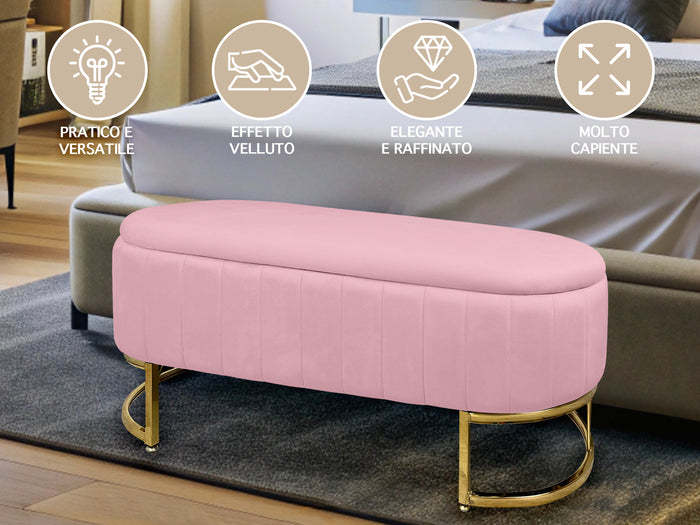 Panca Imbottita Divanetto In Velluto Contenitore Pouf PortaOggetti Panca Sgabello A Pie Di Letto Con Gambe In Metallo Dorato Cassapanca Ingresso Legno Massello Panchina  - Rosa