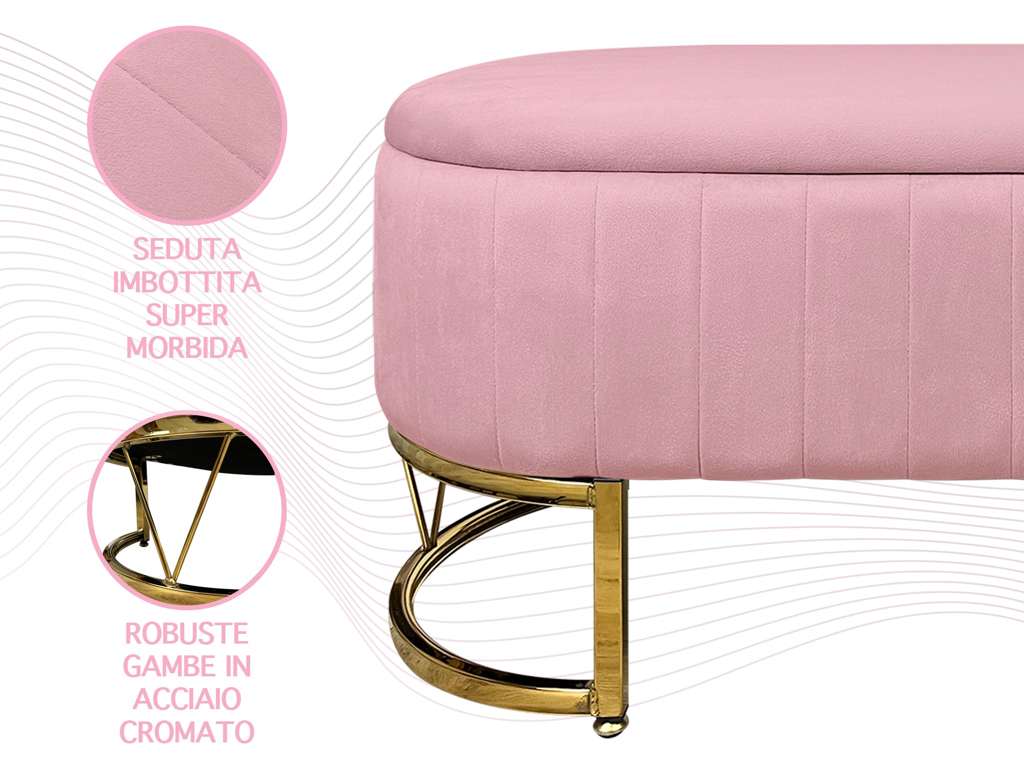 Panca Imbottita Divanetto In Velluto Contenitore Pouf PortaOggetti Panca Sgabello A Pie Di Letto Con Gambe In Metallo Dorato Cassapanca Ingresso Legno Massello Panchina  - Rosa