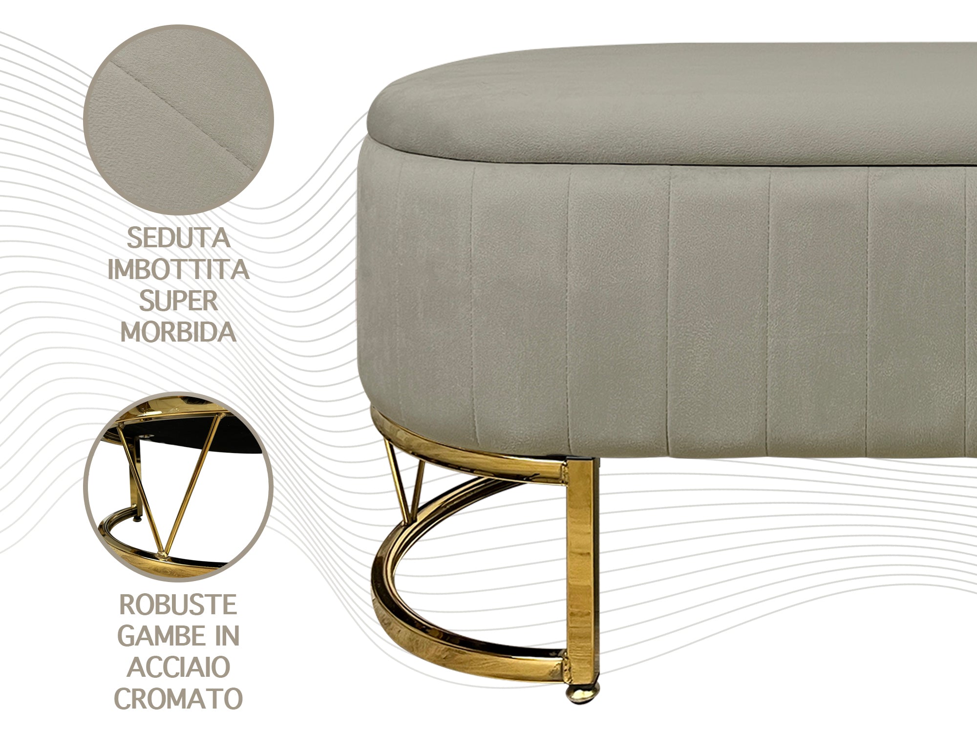 Panca Imbottita Divanetto In Velluto Contenitore Pouf PortaOggetti Panca Sgabello A Pie Di Letto Con Gambe In Metallo Dorato Cassapanca Ingresso Legno Massello Panchina  - Tortora