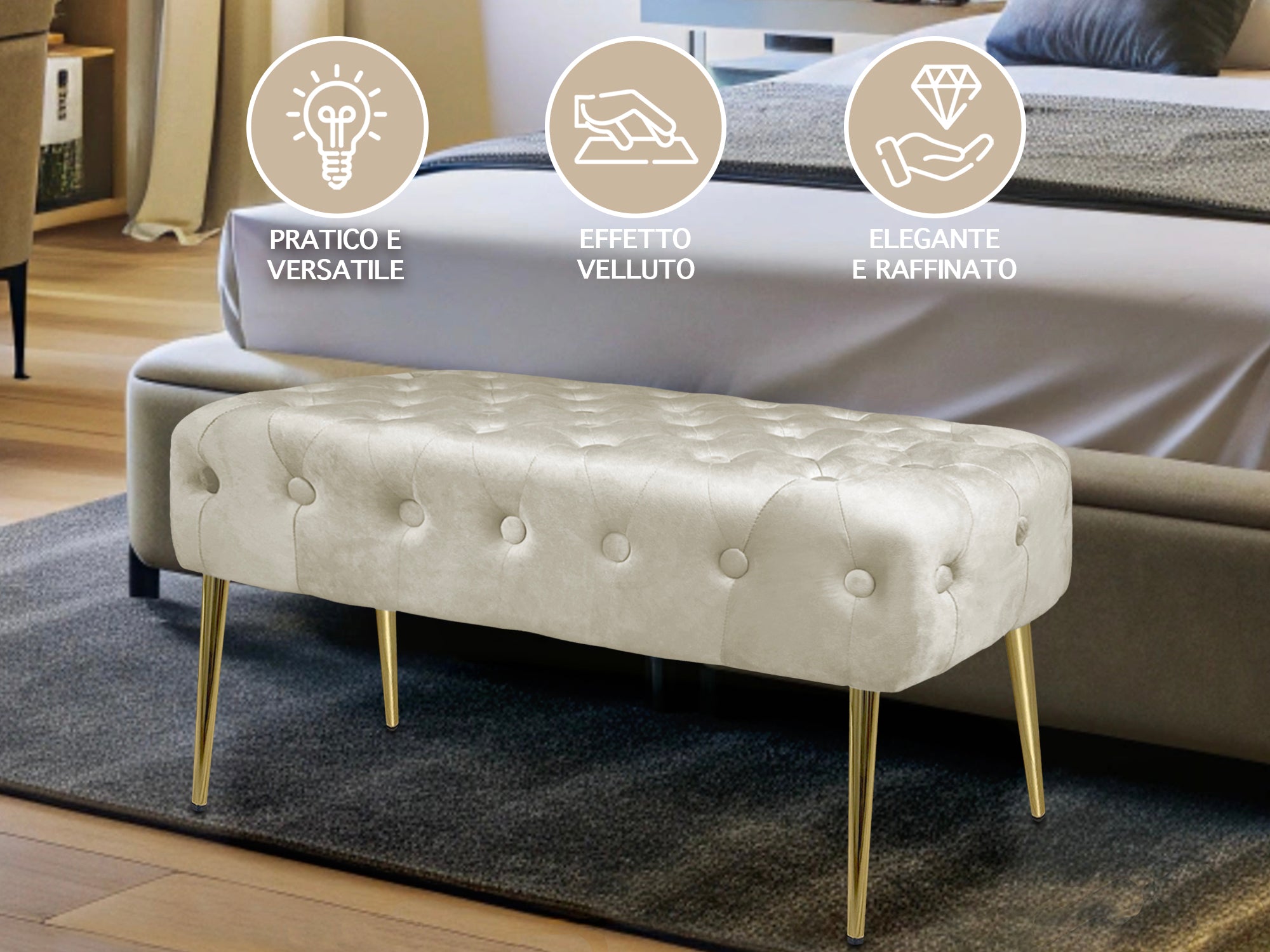Panca Imbottita Divanetto In Velluto Sgabello A Pie Di Letto Con Gambe In Metallo Dorato Panchina Ingresso Legno Massello Pouf - Crema