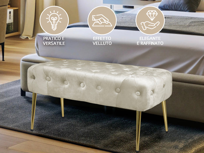 Panca Imbottita Divanetto In Velluto Sgabello A Pie Di Letto Con Gambe In Metallo Dorato Panchina Ingresso Legno Massello Pouf - Crema