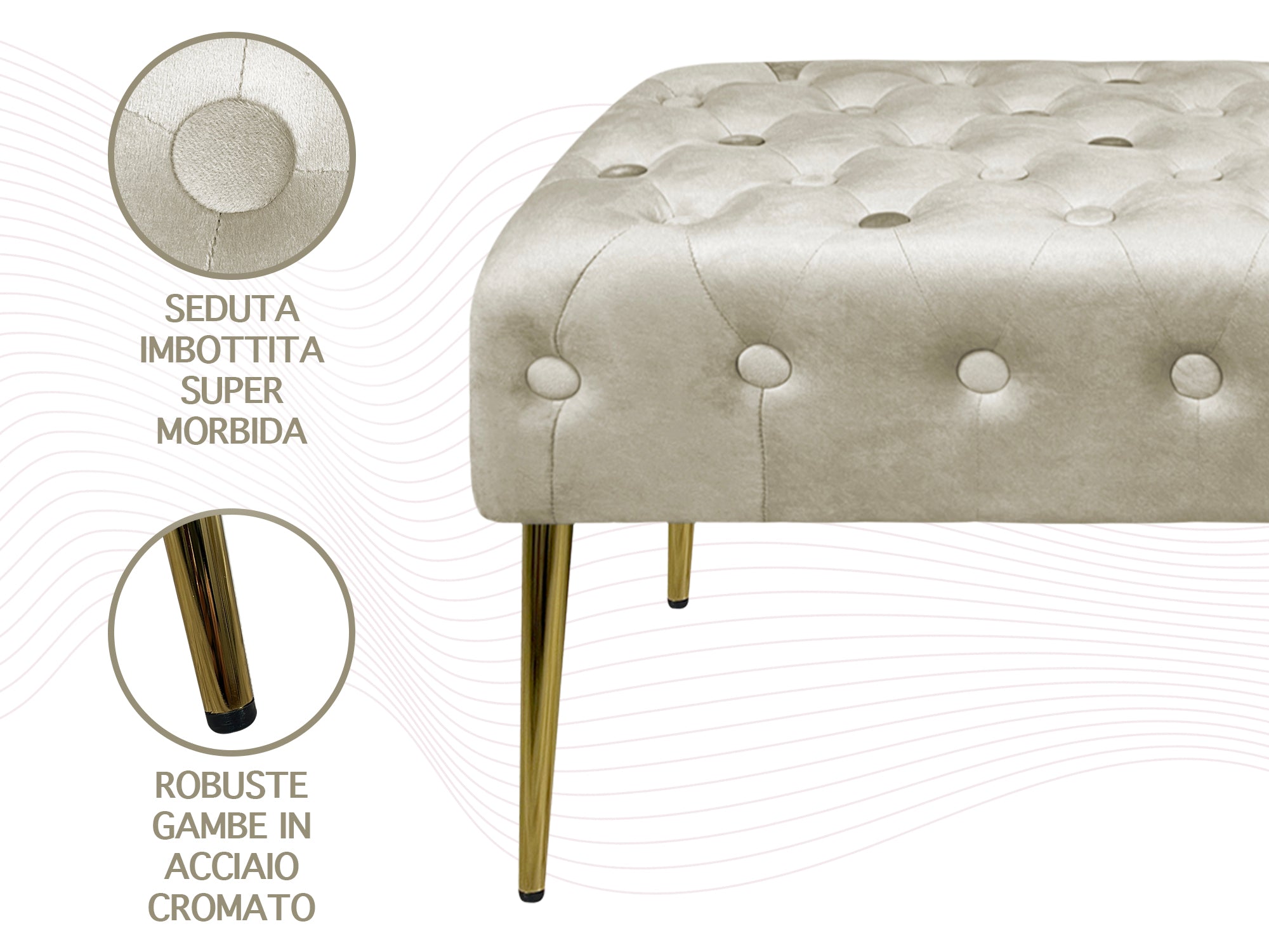 Panca Imbottita Divanetto In Velluto Sgabello A Pie Di Letto Con Gambe In Metallo Dorato Panchina Ingresso Legno Massello Pouf - Crema