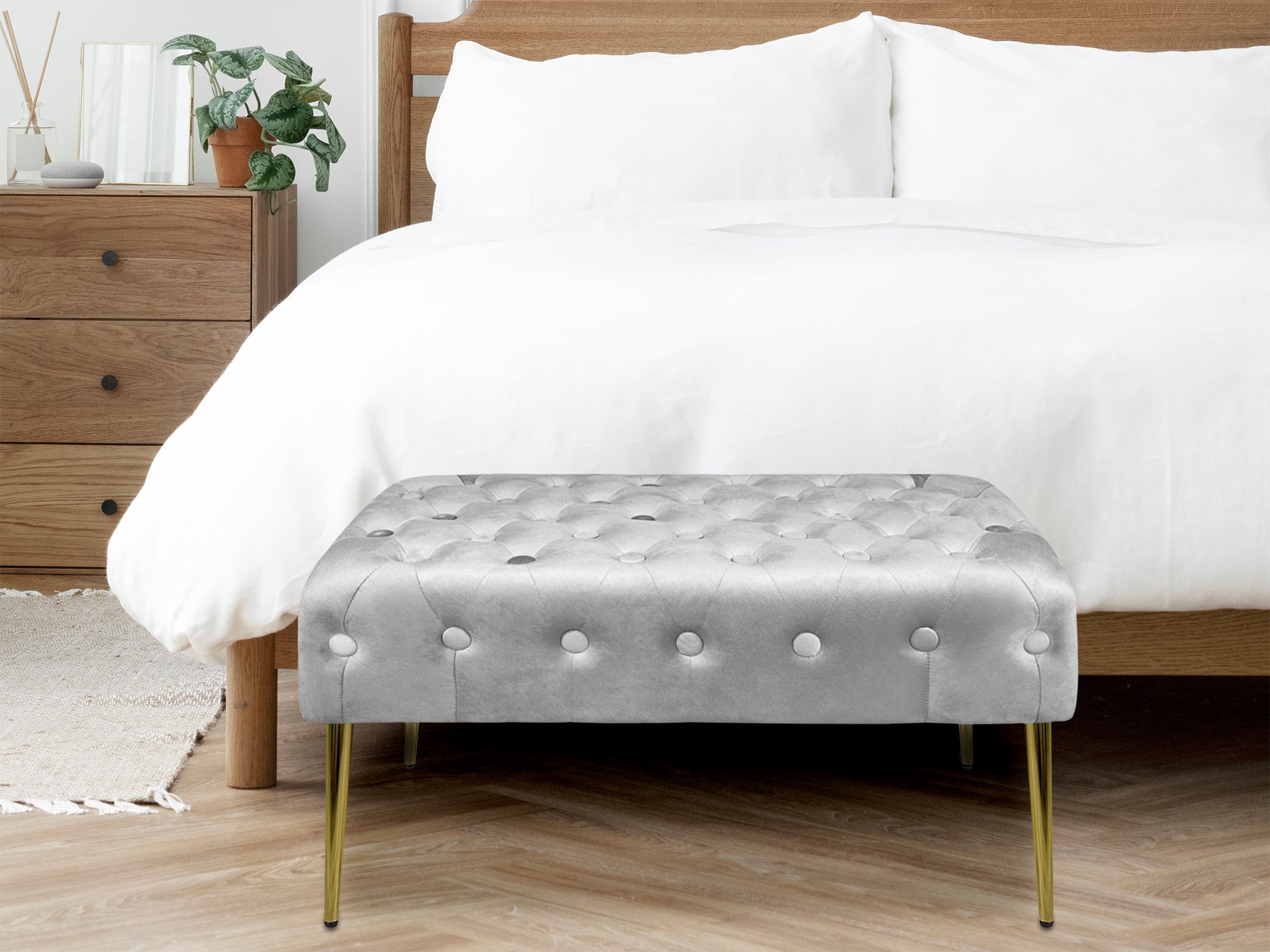 Panca Imbottita Divanetto In Velluto Sgabello A Pie Di Letto Con Gambe In Metallo Dorato Panchina Ingresso Legno Massello Pouf - Grigio