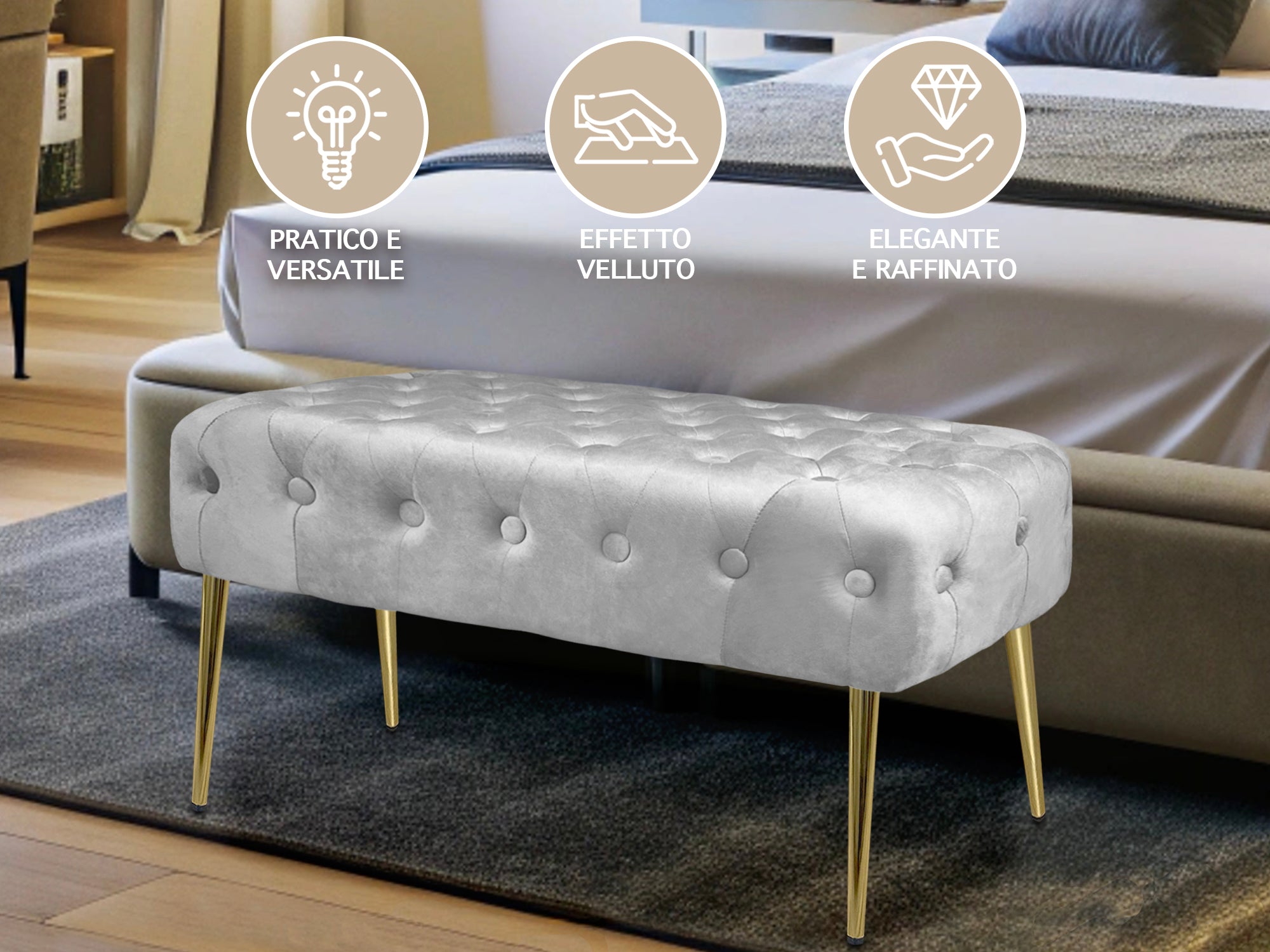 Panca Imbottita Divanetto In Velluto Sgabello A Pie Di Letto Con Gambe In Metallo Dorato Panchina Ingresso Legno Massello Pouf - Grigio