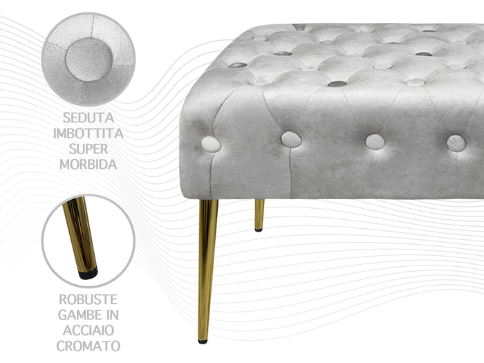 Panca Imbottita Divanetto In Velluto Sgabello A Pie Di Letto Con Gambe In Metallo Dorato Panchina Ingresso Legno Massello Pouf - Grigio