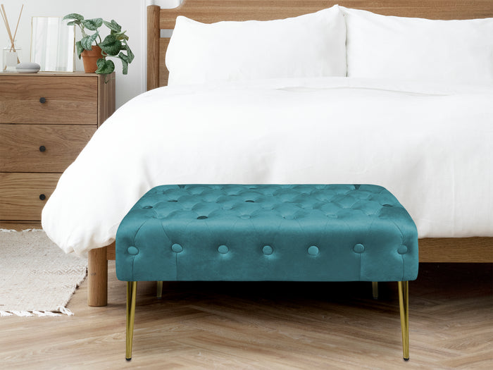 Panca Imbottita Divanetto In Velluto Sgabello A Pie Di Letto Con Gambe In Metallo Dorato Panchina Ingresso Legno Massello Pouf - Petrolio