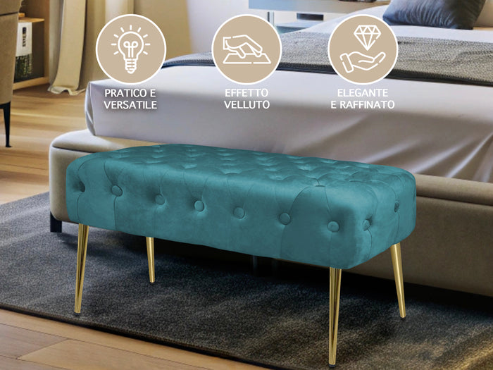 Panca Imbottita Divanetto In Velluto Sgabello A Pie Di Letto Con Gambe In Metallo Dorato Panchina Ingresso Legno Massello Pouf - Petrolio