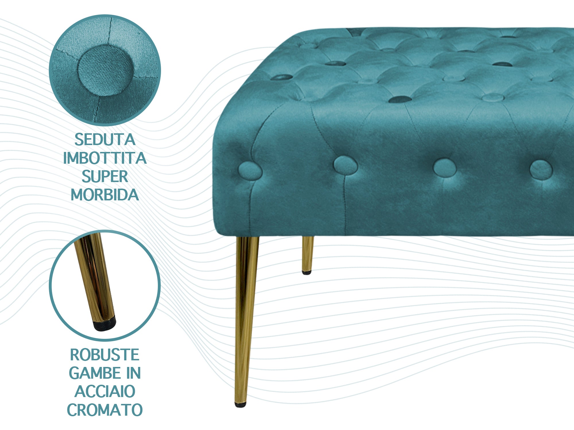 Panca Imbottita Divanetto In Velluto Sgabello A Pie Di Letto Con Gambe In Metallo Dorato Panchina Ingresso Legno Massello Pouf - Petrolio