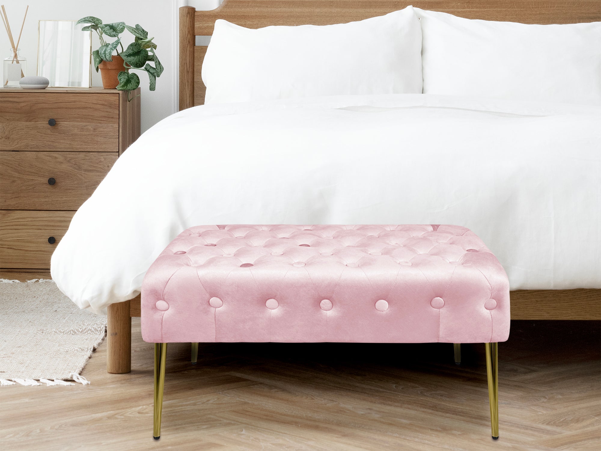Panca Imbottita Divanetto In Velluto Sgabello A Pie Di Letto Con Gambe In Metallo Dorato Panchina Ingresso Legno Massello Pouf - Rosa