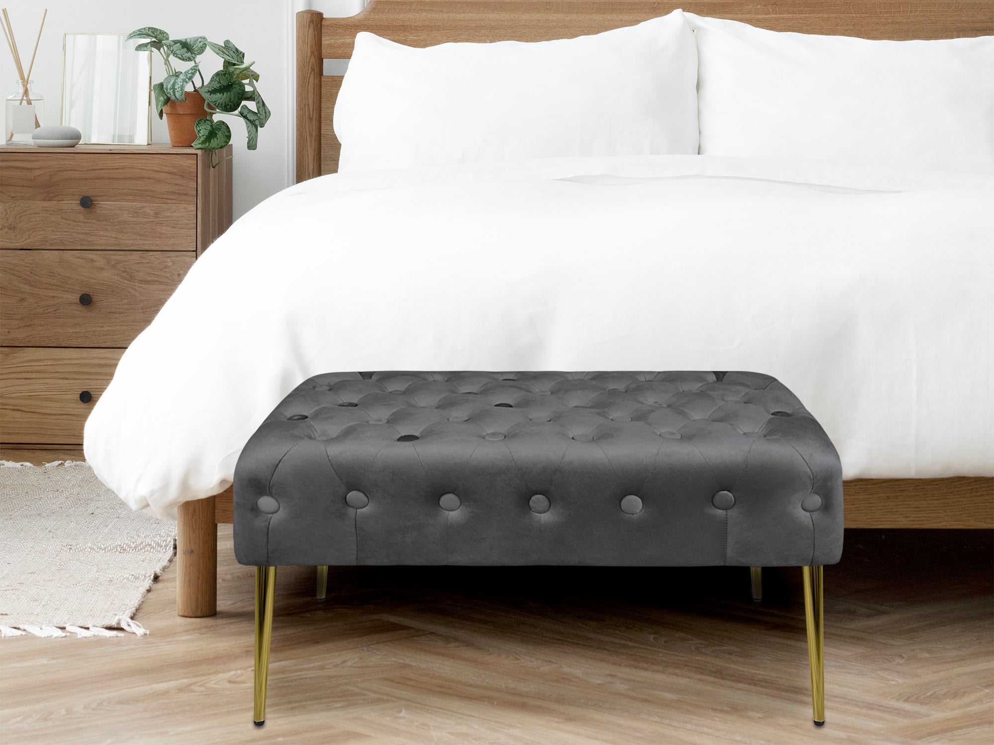 Panca Imbottita Divanetto In Velluto Sgabello A Pie Di Letto Con Gambe In Metallo Dorato Panchina Ingresso Legno Massello Pouf - Stone