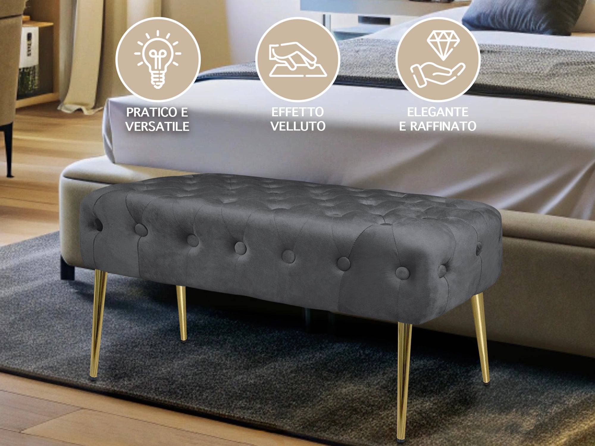 Panca Imbottita Divanetto In Velluto Sgabello A Pie Di Letto Con Gambe In Metallo Dorato Panchina Ingresso Legno Massello Pouf - Stone