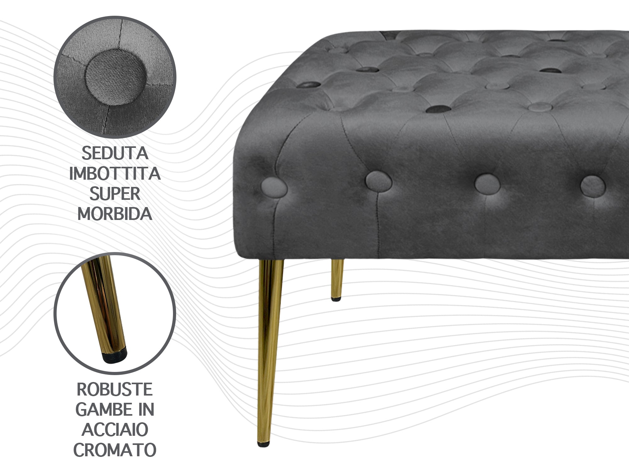 Panca Imbottita Divanetto In Velluto Sgabello A Pie Di Letto Con Gambe In Metallo Dorato Panchina Ingresso Legno Massello Pouf - Stone