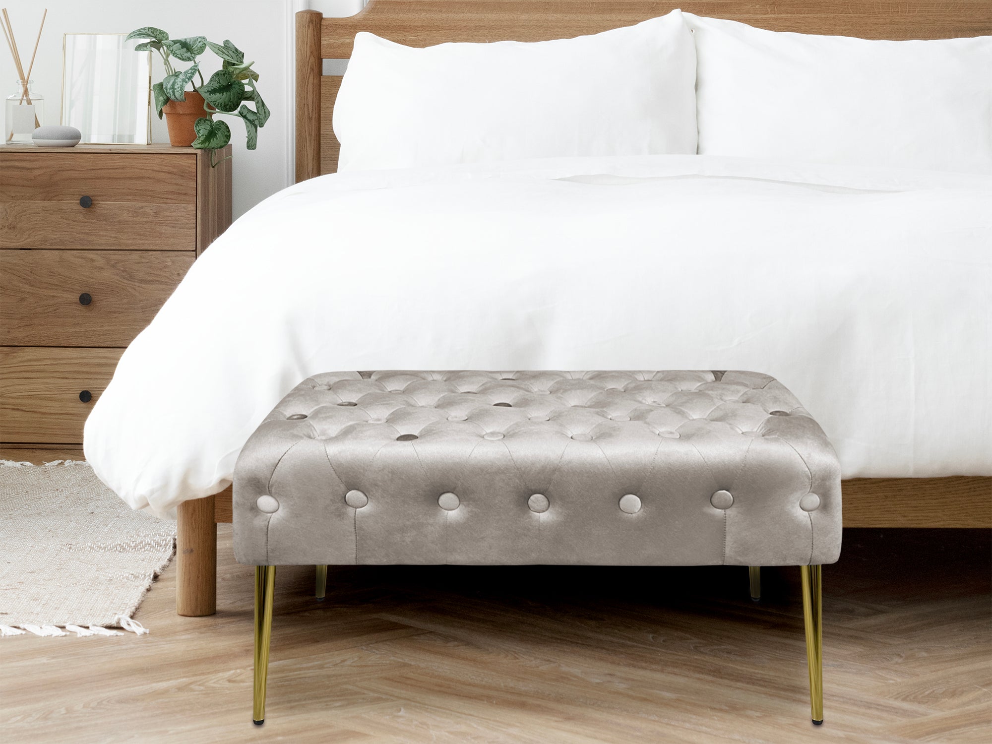 Panca Imbottita Divanetto In Velluto Sgabello A Pie Di Letto Con Gambe In Metallo Dorato Panchina Ingresso Legno Massello Pouf - Tortora