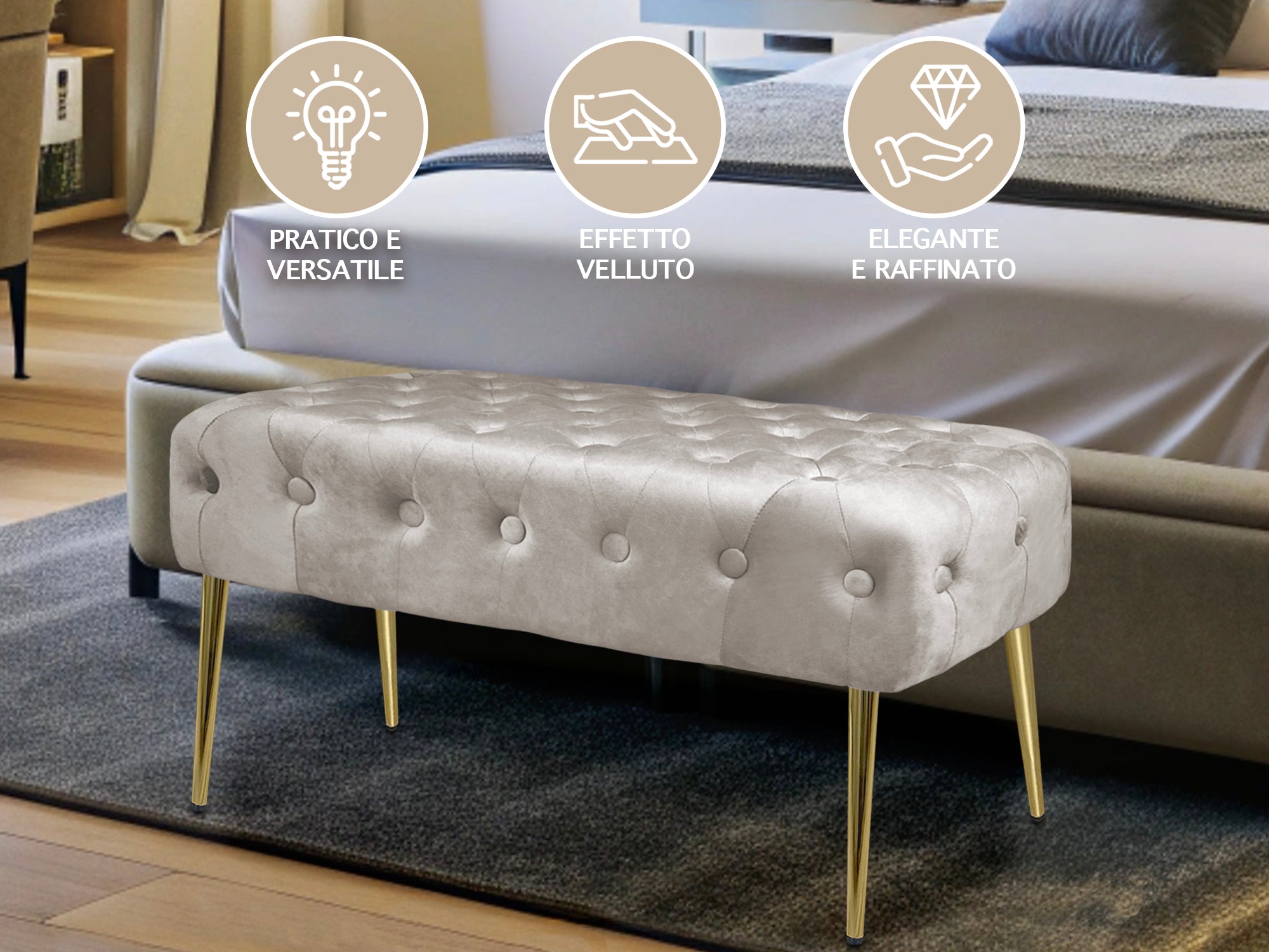 Panca Imbottita Divanetto In Velluto Sgabello A Pie Di Letto Con Gambe In Metallo Dorato Panchina Ingresso Legno Massello Pouf - Tortora