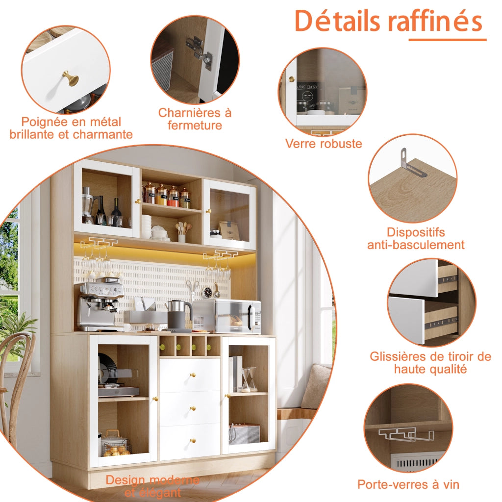 Colonna da cucina con LED, porta calici e ripiani regolabili, MDF e vetro, bianco 140 × 40 × 185,7 cm