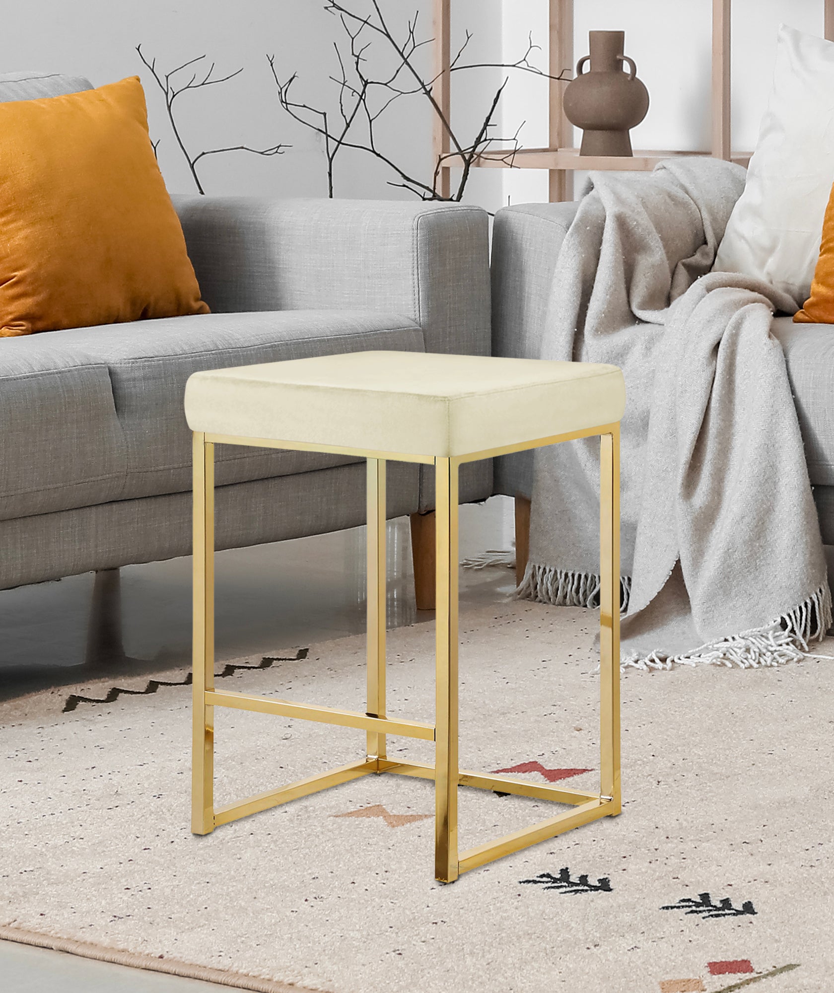 Sgabello Moderno In Velluto Sedile imbottito Gambe In Acciaio Dorato Senza Schienale Casa Sedia Cucina Bar Pub Seduta Rialzata Di Design - Beige