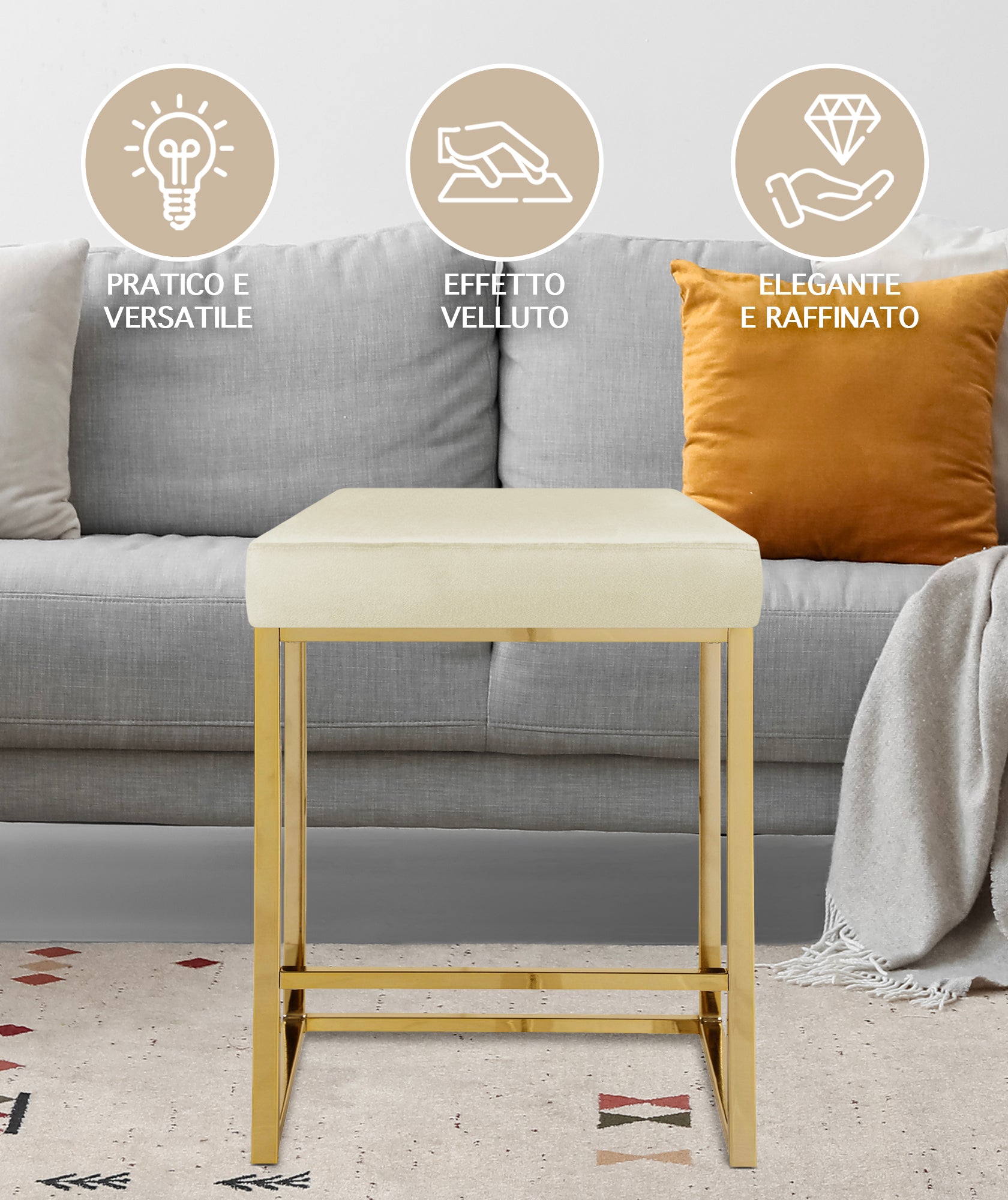 Sgabello Moderno In Velluto Sedile imbottito Gambe In Acciaio Dorato Senza Schienale Casa Sedia Cucina Bar Pub Seduta Rialzata Di Design - Beige