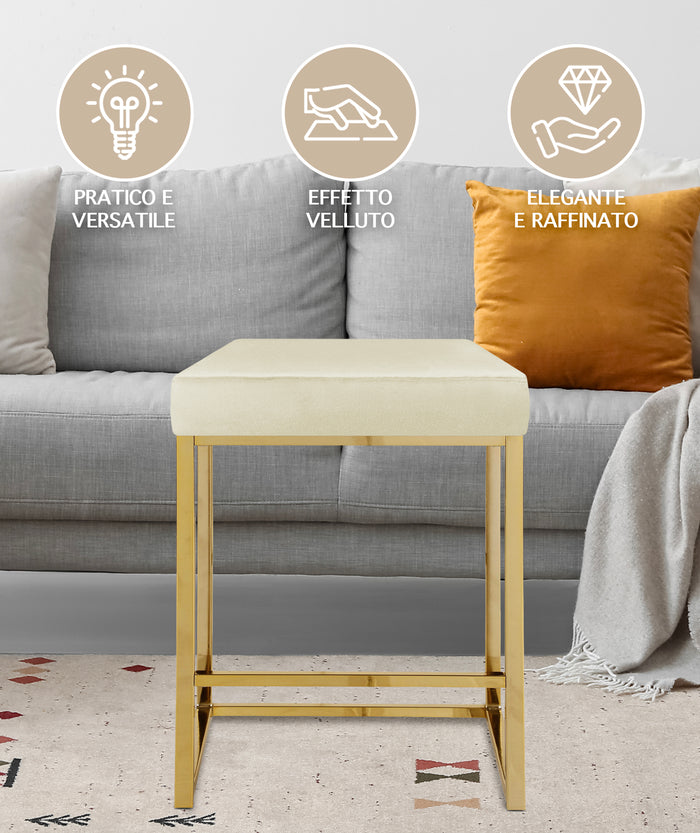 Sgabello Moderno In Velluto Sedile imbottito Gambe In Acciaio Dorato Senza Schienale Casa Sedia Cucina Bar Pub Seduta Rialzata Di Design - Beige