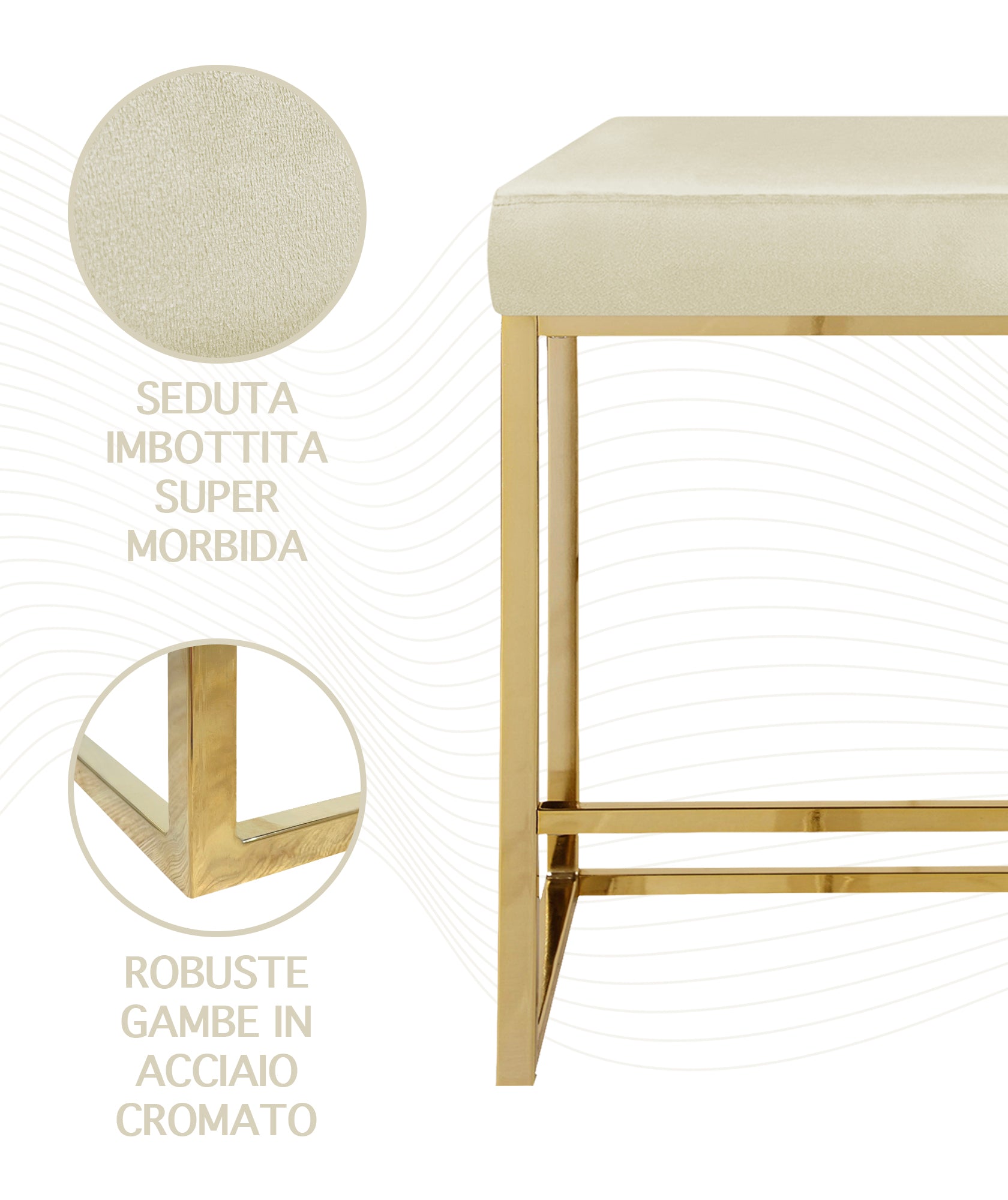 Sgabello Moderno In Velluto Sedile imbottito Gambe In Acciaio Dorato Senza Schienale Casa Sedia Cucina Bar Pub Seduta Rialzata Di Design - Beige