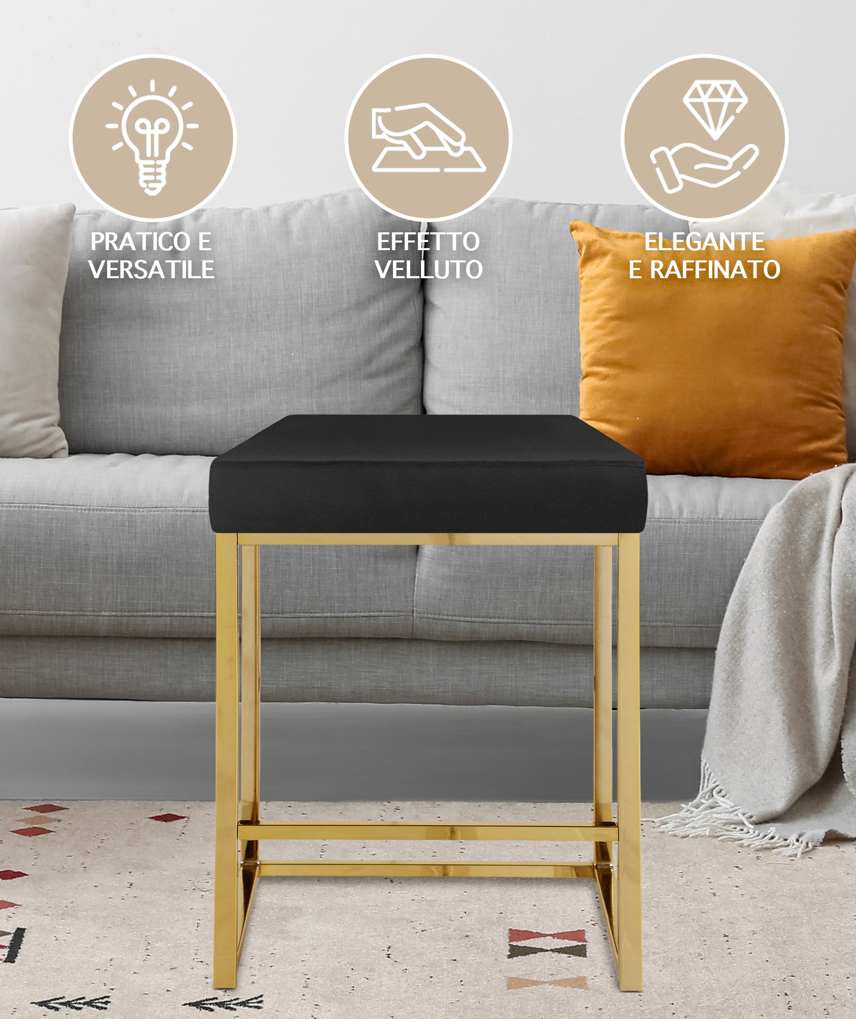 Sgabello Moderno In Velluto Sedile imbottito Gambe In Acciaio Dorato Senza Schienale Casa Sedia Cucina Bar Pub Seduta Rialzata Di Design - Nero