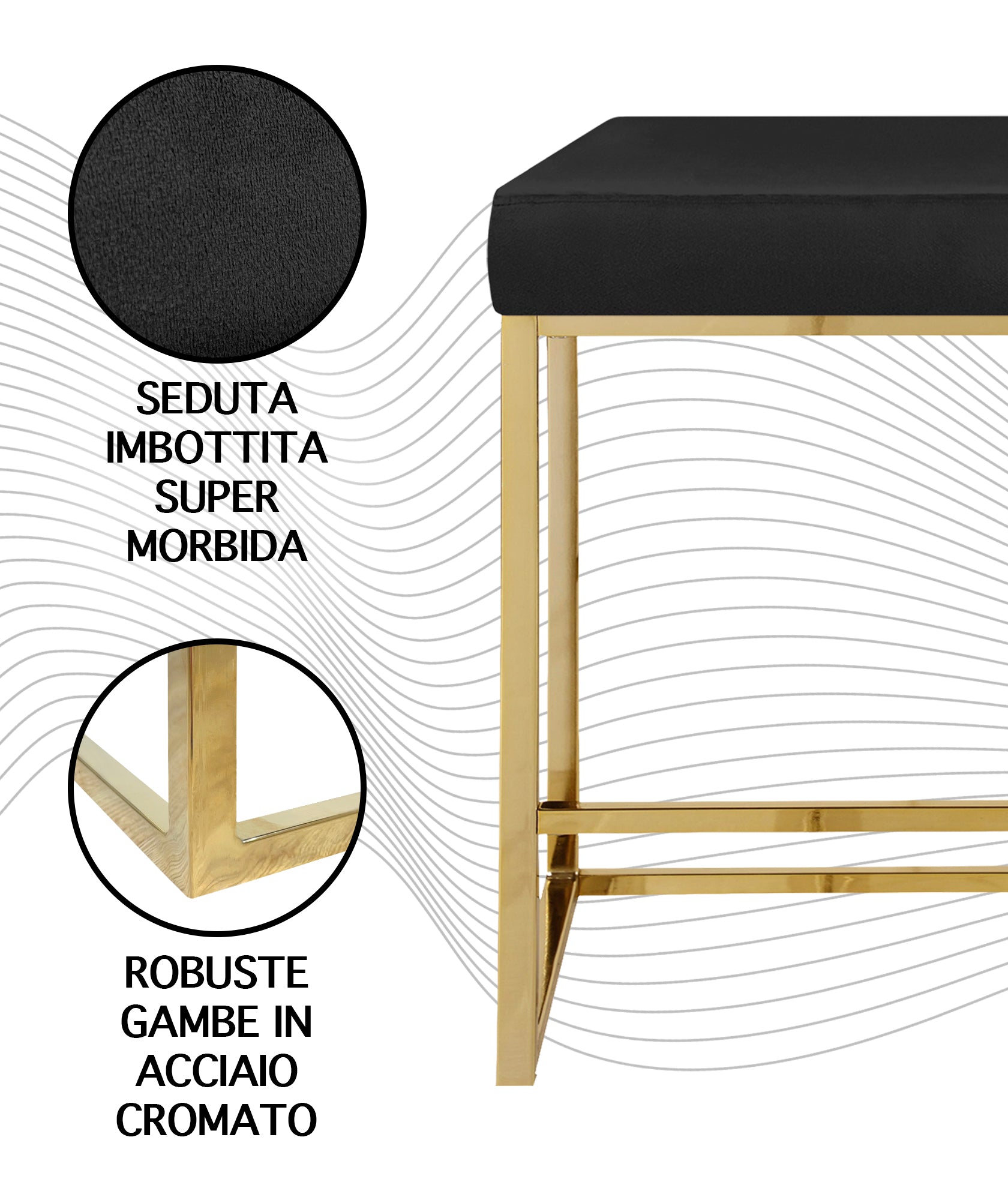 Sgabello Moderno In Velluto Sedile imbottito Gambe In Acciaio Dorato Senza Schienale Casa Sedia Cucina Bar Pub Seduta Rialzata Di Design - Nero