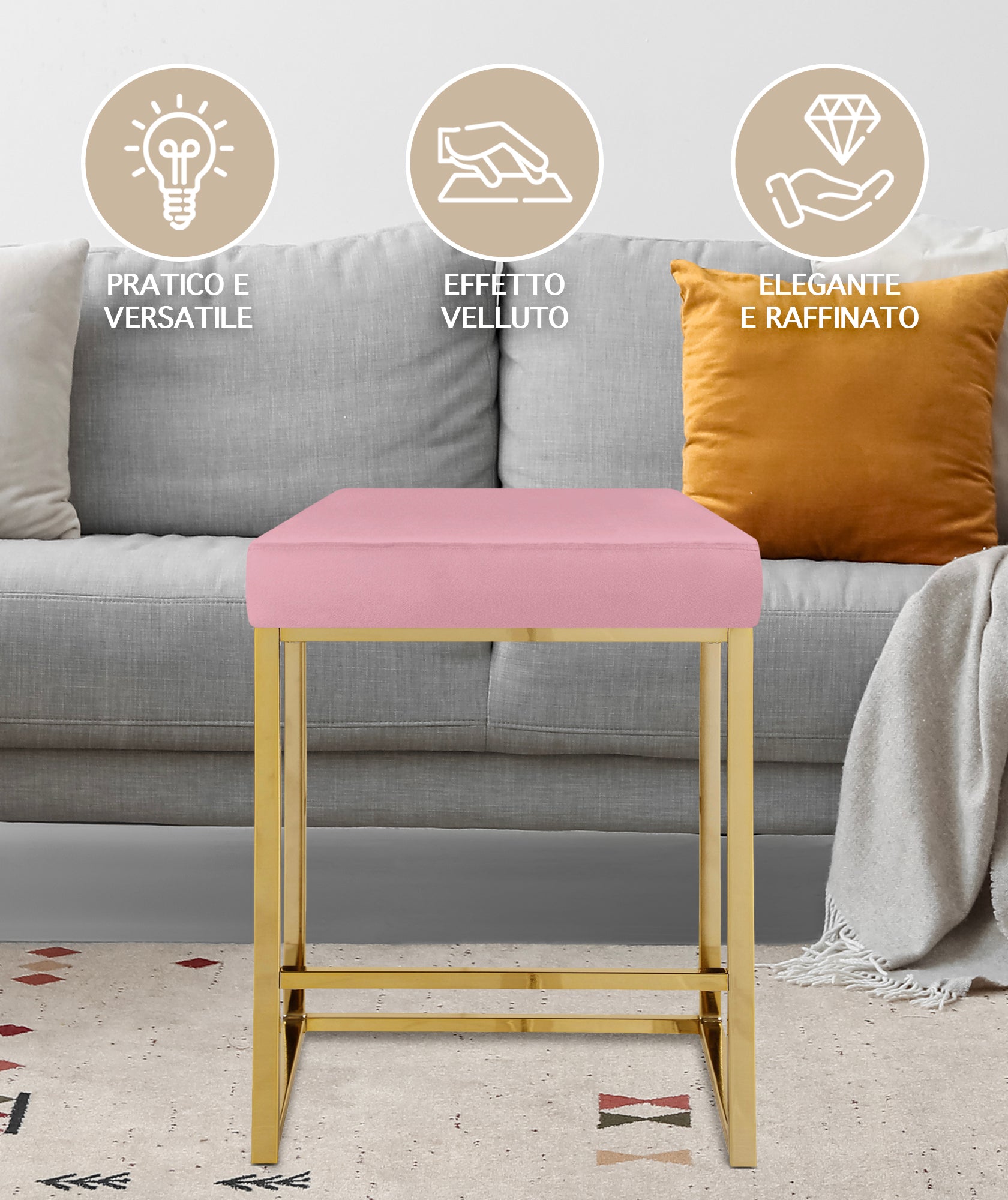 Sgabello Moderno In Velluto Sedile imbottito Gambe In Acciaio Dorato Senza Schienale Casa Sedia Cucina Bar Pub Seduta Rialzata Di Design - Rosa