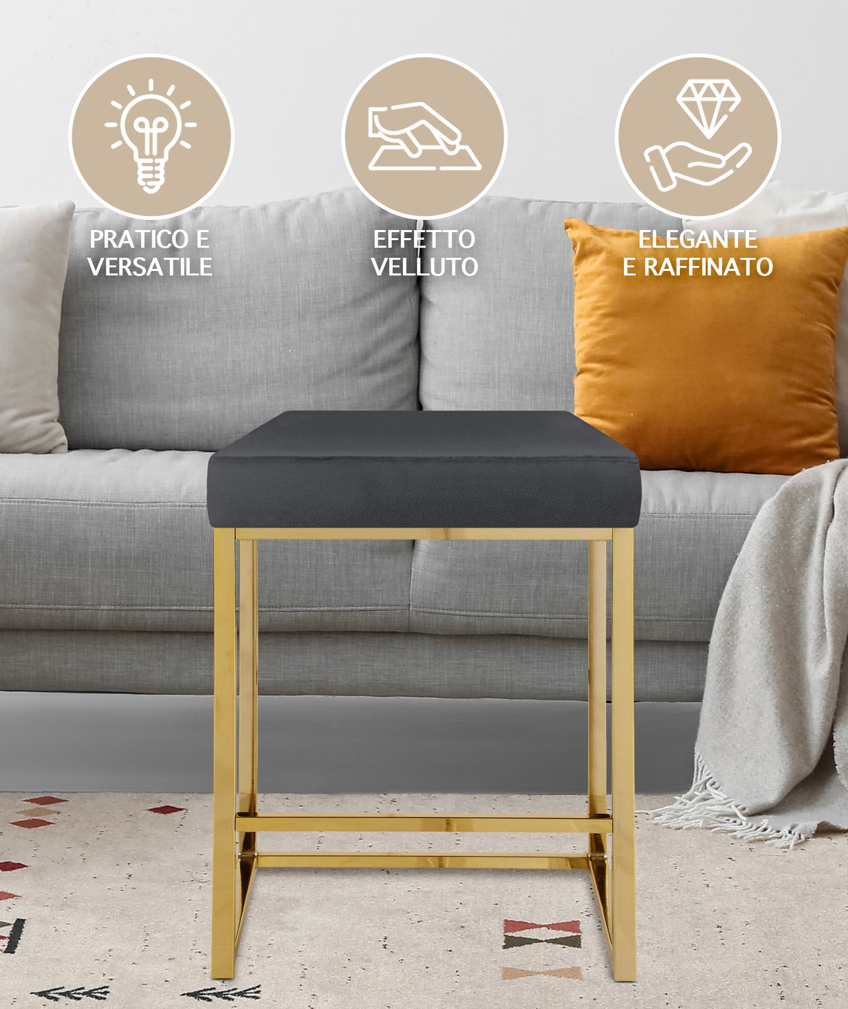 Sgabello Moderno In Velluto Sedile imbottito Gambe In Acciaio Dorato Senza Schienale Casa Sedia Cucina Bar Pub Seduta Rialzata Di Design - Stone