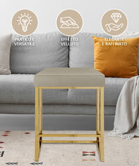 Sgabello Moderno In Velluto Sedile imbottito Gambe In Acciaio Dorato Senza Schienale Casa Sedia Cucina Bar Pub Seduta Rialzata Di Design - Tortora